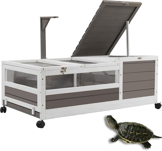 PetsCosset Tortoise Habitat Cage on Wheels with Lamp Stand & Pull-Out Waterproof Tray – Large Wooden Tortoise House, Indoor Outdoor Reptile Enclosure 39''L*23''W*14''H