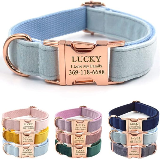 PETDURO Custom Dog Collar Personalized with Name Engraved Quick Release Rose Gold Metal Buckle for Large Medium Small Girl Dogs - Dog Leash and Bow Tie Available - Soft Comfy Velvet (Sky Blue, S)