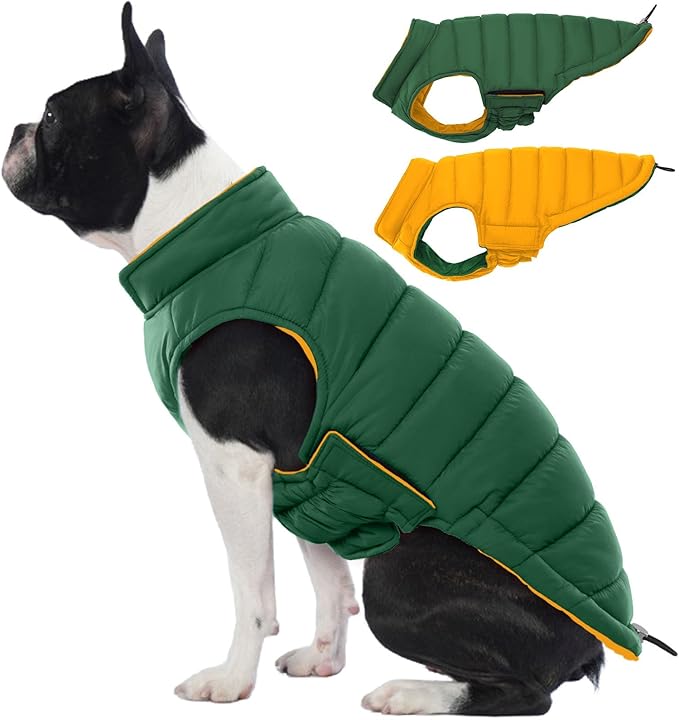 Lelepet Reversible Dog Coat Waterproof Dog Jacket Windproof Puffer Vest for Winter Warm Lightweight Coats for Small Dogs Adjustbale Hook & Loop Pet Apparel with Leash Hole, Pug, Green, M