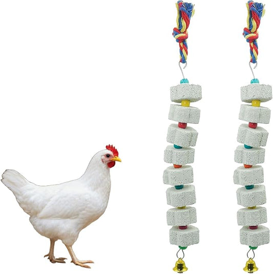 2 Pack Extra Long Chicken Chewing Toys with Beads and Bell, 27" Calcium Beak Grinding Stone for Cage, Bird Toys for Parrots, Budgies, Hamsters, Rabbits