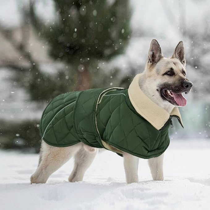 Kuoser Extra Warm Dog Coat, Windproof Cold Weather Dog Jackets for Large Dogs, Thick Fleece Lining Pet Turtleneck Snowsuit Reflective Adjustable Puppy Winter Coat Doggie Snow Jacket Green, XL