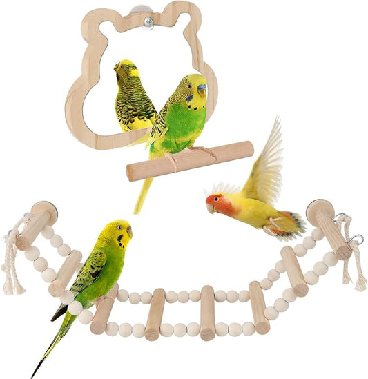 Bird Mirror with Perch & 8-Step Bird Ladder for Cage - Natural Wood Toys for Parakeets, Cockatiels (4.7x3.5x5.1in Mirror + 14.6x3.9in Ladder) Cage Accessories Bundled Set