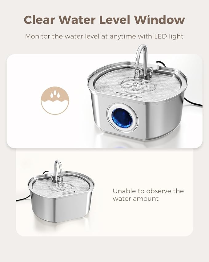 Cat Water Fountain Stainless Steel: 108oz/3.2L Cat Fountain for Drinking- Pet Water Fountain for Cats Inside - Automatic Cat Water Dispenser Bowl - Cat Feeding & Watering Supplies - Water Level Window