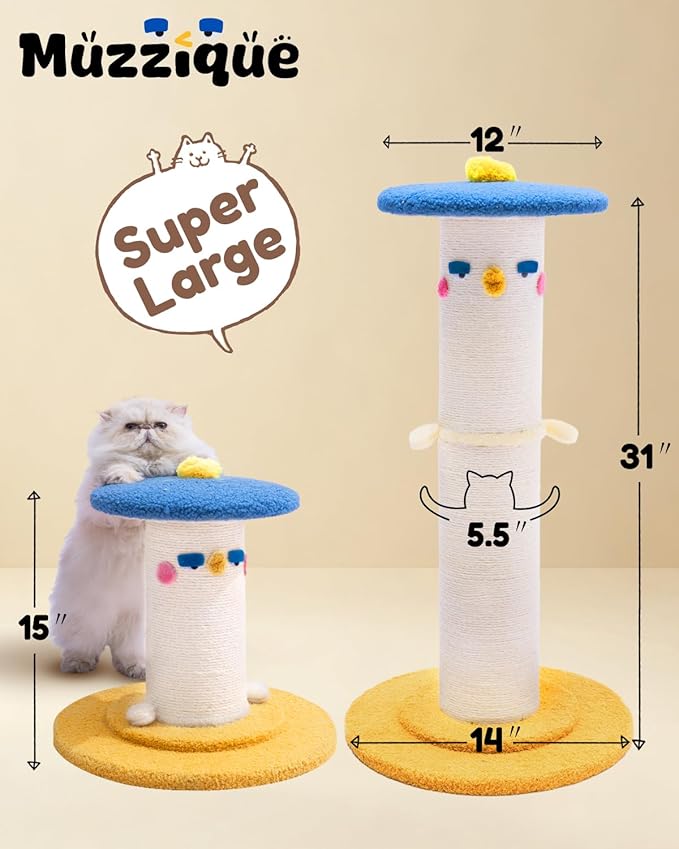 Cat Scratching Post, 31 in Tall Thicker Scratch Post w/Perch, Full Strectch for Indoor Cats, Adult/Kitten/Kitty Scratcher Sisal Rope, Large Play Toy Stand, Cute Adjustable Heights Furniture Protector