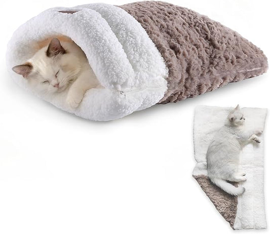 Cat Sleeping Bag 5 in 1 with Zipper Cute Self Warming Cat Bed Cave with Plush Portable Snuggle Sack/Hideway for Indoor Cats & Small Pets Coffee 21×17 Inch