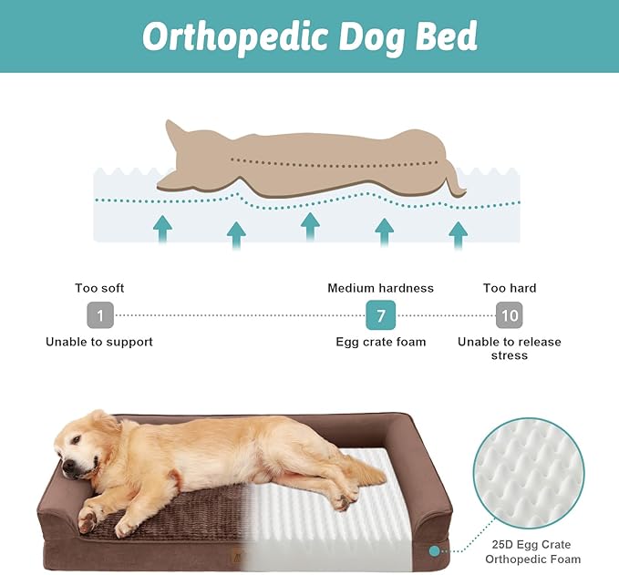 Orthopedic Dog Beds for Large Sized Dog, XL Bolster Pet Couch with Waterproof Lining, Egg Crate Foam Sofa for Pets Up to 100 lbs, U-Shaped, 44x32x7 inch, Brown