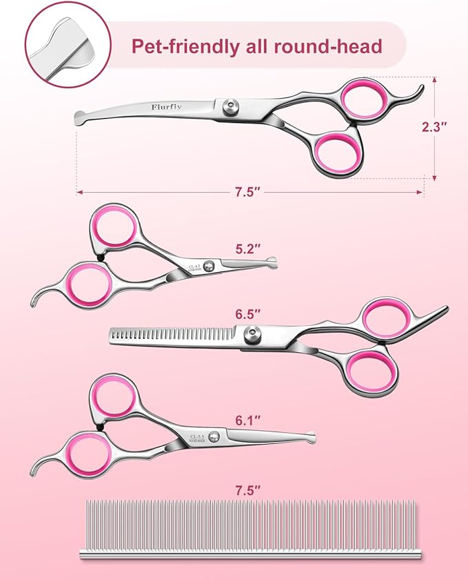 Furry Grooming Scissors with Safety Round Heads. Dog Grooming Scissors, 5CR 6 in 1 Dog Grooming Scissors, Curved Dog Grooming Scissors, Professional Pet Grooming Scissors Set for Dogs and Cats