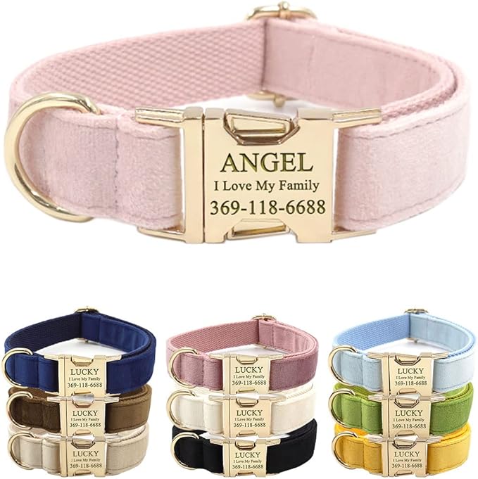 PETDURO Custom Dog Collar Personalized with Name Engraved Quick Release Rose Gold Metal Buckle for Large Medium Small Girl Dogs - Dog Leash and Bow Tie Available - Soft Comfy Velvet (Pink, S)