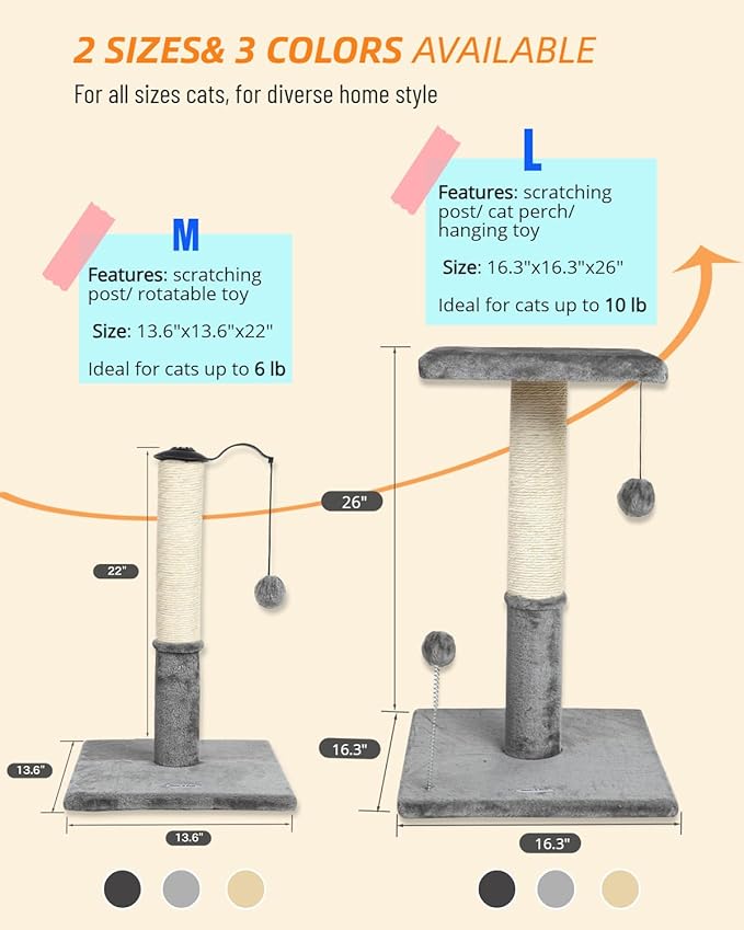 Happi N Pets 22" Cat Scratching Posts for Indoor Cats, Carpet Cat Scratch Post, Sisal Cat Scratcher, Cat Post with Rotatable Hanging Balls & Stable Base, Cat Scratchers for Kittens-Light Gray