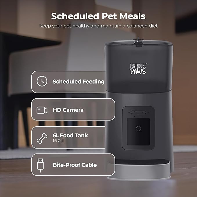 Smart HD Automatic Cat Feeder with 1080P Camera & Night Vision, 2-Way Audio, WiFi App Control, Anti-Jam 6L Pet Feeder with Battery Backup, Schedules Up to 15 Meals for Cat & Dog Black Stainless Steel