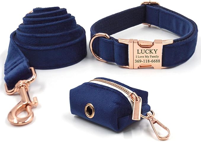 PETDURO Personalized Dog Collar Navy Blue Soft Velvet for Large Medium Small Boy Girl Dogs - Custom Collar with Name Phone Engraved on Rose Gold Metal Buckle - Add Matching Leash Set via Customize Now