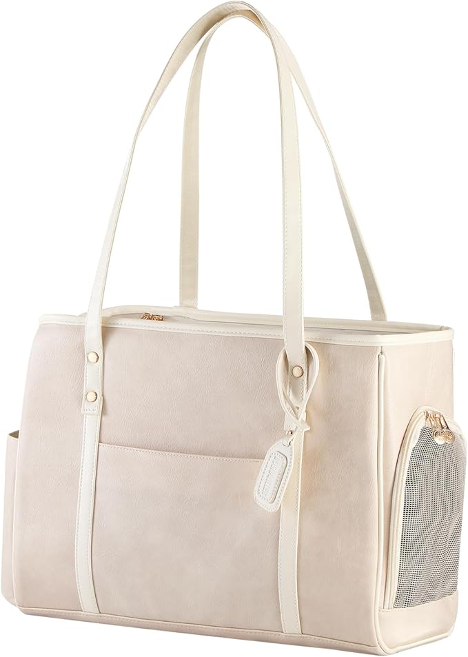 Fashion Dog Carrier Purse, Premium Leather Cat Carrier Bag, Airline Approved Soft Sided Pet Travel Tote Bag with Pockets Beige
