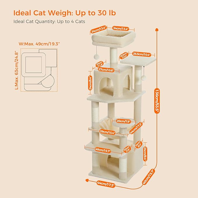 PAWZ Road Cat Tree, 53.5 Inches Tall Cat Tower with Spacious Hammocks, Condos and Scratching Posts, Cat House with Dual Padded Perches for Indoor Large Cats-Beige