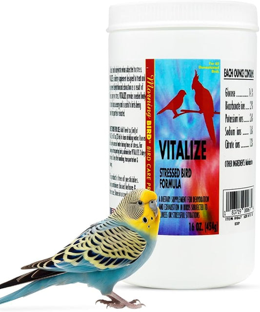 Morning Bird Vitalize for Birds 16 Oz – Stress Relief & Dehydration Supplement – Supports Hydration, Energy, Balance & Muscle Recovery – Easy Water-Soluble Supplement for All Bird Species.
