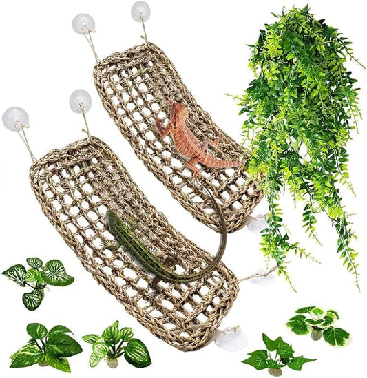 Tfwadmx 2Pcs Bearded Dragon Hammock Lizard Lounger Natural Seagrass Fiber Reptile Habitat Decor with Vine Plant for Hermit Crabs Geckos Snakes