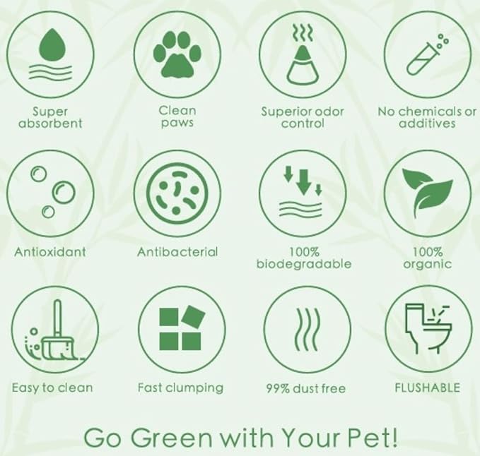 Plant-Based Bamboo Fiber Cat Litter, Green & Eco Friendly, Flushable & Resealable, Dust Free, Instant Clumping, Odor Control - Multiple Packs (2 Packs)