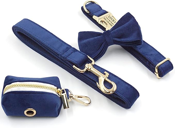 PETDURO Custom Dog Collar Personalized with Name Engraved Quick Release Rose Gold Metal Buckle for Large Medium Small Girl Dogs - Dog Leash and Bow Tie Available - Soft Comfy Velvet (Dark Blue, XS)