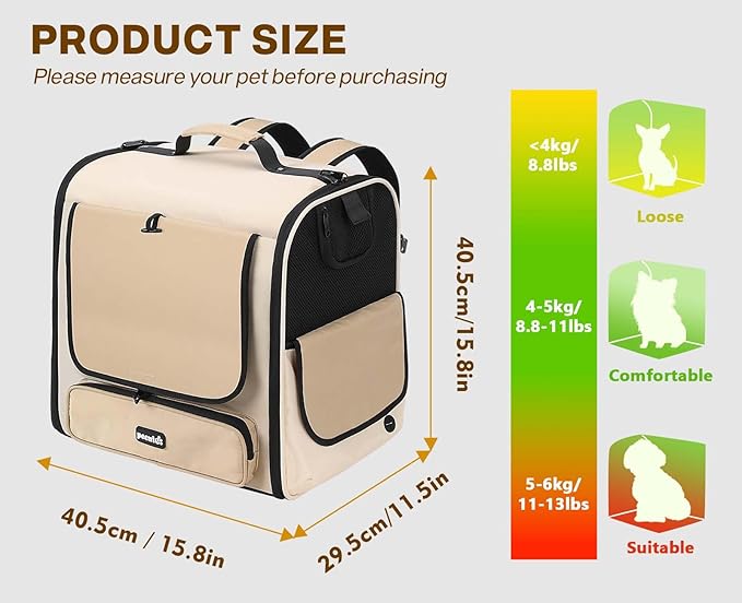 Pecute Cat Carrier Backpack Pet Carrier Backpack Widen Large Space, Stable Pet Backpack for Cat Small Dog, Ventilated Pet Backpack Miniature Dachshund Bag Suitable for Hiking, Camping, Khaki