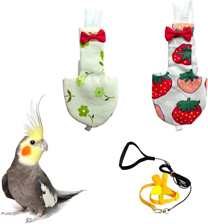 UKJENT Bird Diaper with 78 Inch Flying Leash - 2 Pack, Reusable Flight Suit with Waterproof Inner Layer, Washable Cute Urine Wet Suit for Cockatiel Monk Parakeet Sun Parakeet Lory(S)