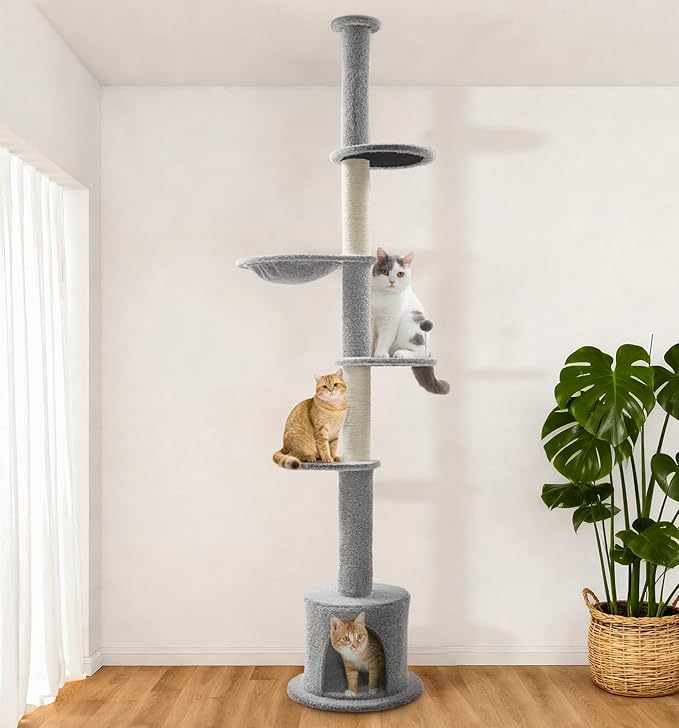 Made4Pets Floor to Ceiling Cat Tree 93-106'',Tall Cat Tower 5 Tiers,Adjustable Height, Stable Cat Tree Tower with Scratching Posts, Fluffy Condo, Hammock and Ball Toy for Indoor Cats/Kitten, Gray