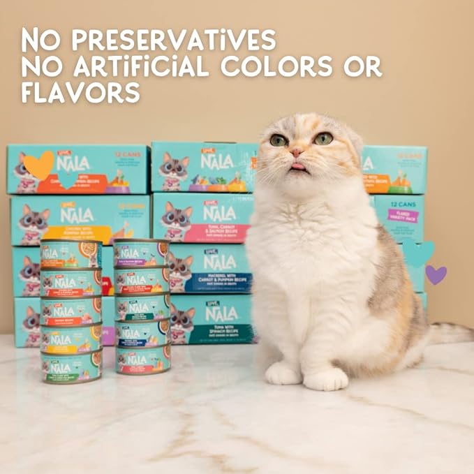 LOVE, NALA - Natural Adult Cat Wet Food - FLAKED Chicken with Carrot & Sweet Potato in Broth - Grain Free, Non-GMO, Lean Protein, Digestive Fiber Blend, Added Minerals & Vitamins - 12 Pack, 2.4 lbs.