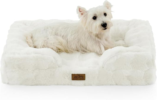 Faux Fur Orthopedic Dog Bed, Pet Couch for Medium Dog, Big Supportive Foam Bolster Sofa with Waterproof Lining Cover, Anti-Slip, Soft, Warm, Washable, C-Shaped, 30x20x6.5 inch, Beige
