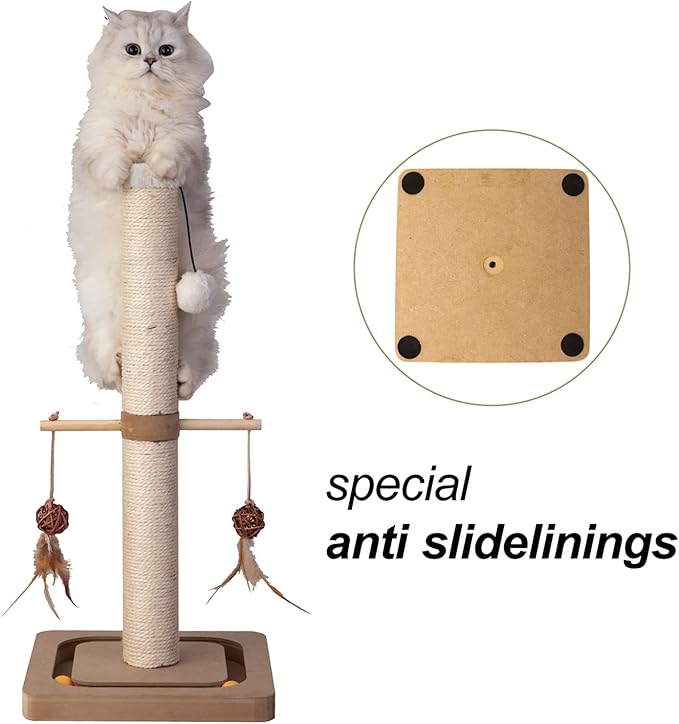PEEKAB Cat Scratching Post Premium Sisal Scratch Posts with Tracking Interactive Toys Vertical Scratcher for Indoor Cats and Kittens- 25 inches Beige