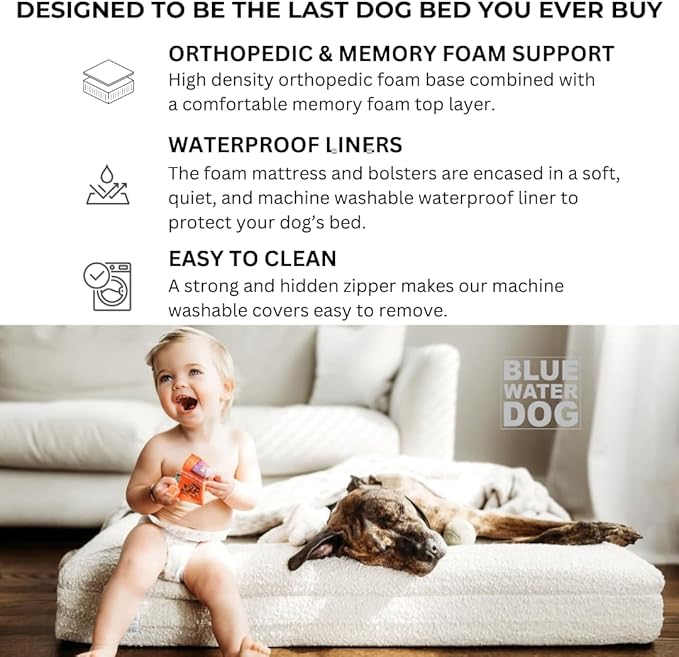Luxury Boucle Orthopedic Memory Foam Dog Bed with Waterproof Liner and Machine Washable Cover with YKK Zippers (Large, 45" L x 36" W x 7" Th, Sand)