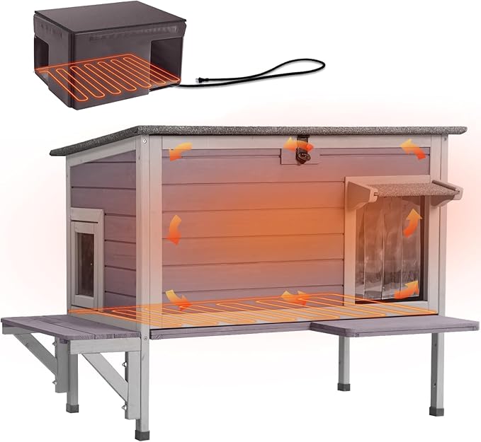 GUTINNEEN Heated Cat House for Outside Outdoor Cat House Insulated Weatherproof Feral Cat Shelter with Heater and Insulated Liner
