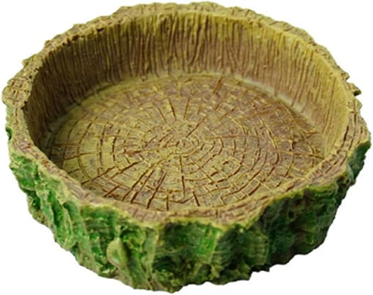 Reptile Water and Food Bowl, Natural Tree Bark Design, Round Shallow Dish, Terrarium Feeding Dish for Lizards, Snakes, Amphibians (Small)