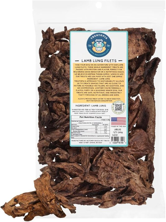 TREATOPIA Lamb Lung Filet Dog Treats, 1 LB Bag - All-Natural, Sustainable, Healthy, High Protein, Hand-Trimmed, Slow-Roasted, Made in The USA, Nutritious, No Additives, No Fillers