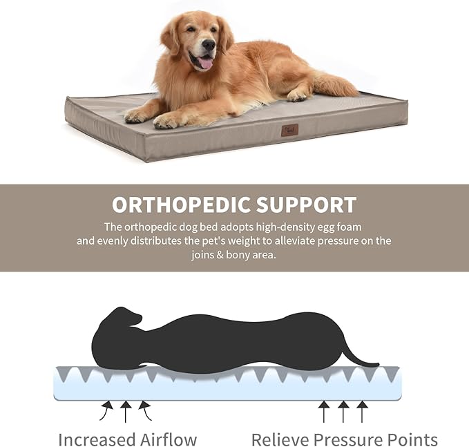 Outdoor Dog Bed for Small Dogs & Cats, Waterproof Dog Crate Mat Orthopedic Egg Crate Foam with Washable Removable Oxford Cover, Khaki