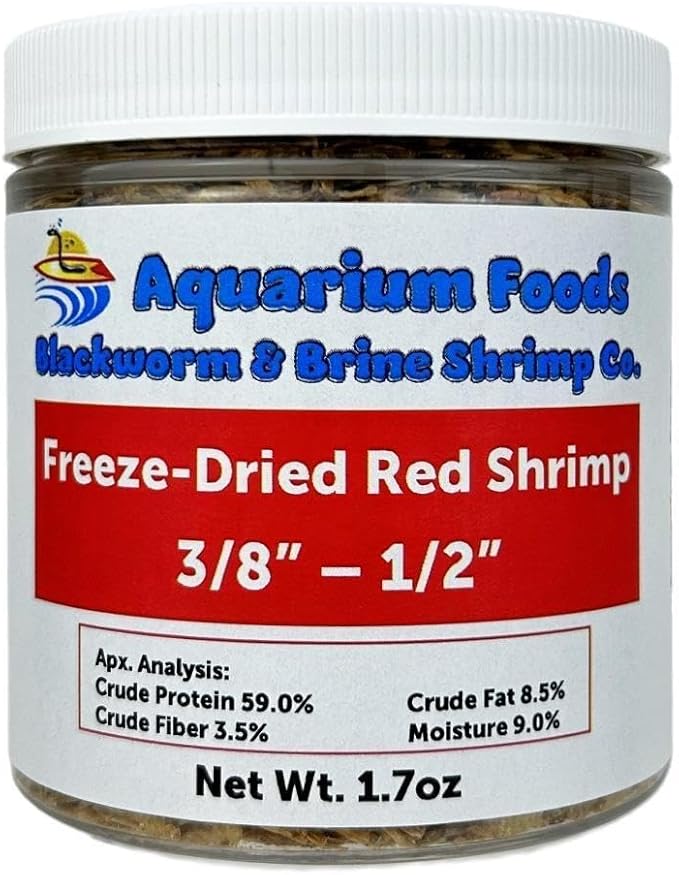 Aquatic Foods Inc. Red River Shrimp - Freeze-Dried 3/8" to 1/2" Red River Shrimp for Cichlids, Koi & Pond Fish, Aquatic Turtles, All Community Tropical Fish, Reptiles, Rodents…1.7oz Sm Round Jar
