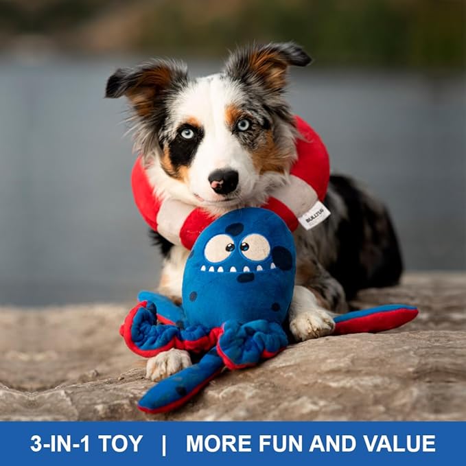 Octopus Dog Toy Set | 3-in-1 Interactive Play: Squeaky Plush with Crinkly Bungee Arms & Durable Life Ring - Large Spiky Squeaker Inside - Small to Large Dogs
