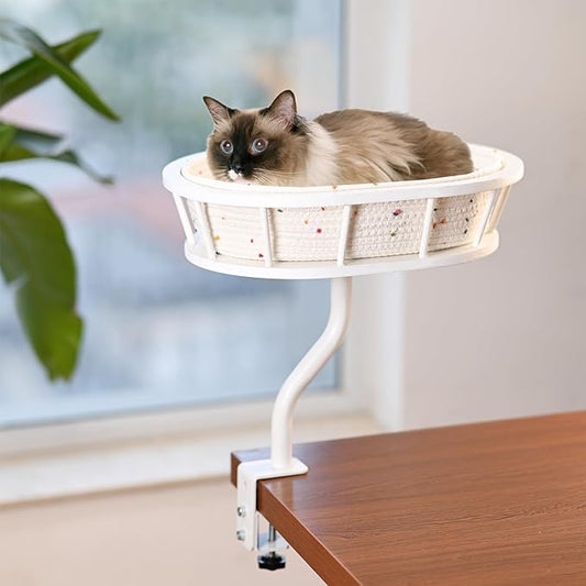 Cat Desk Bed -Space-Saving Cats Hammock for Home Office/Computer Desks, Removable Cotton Cats Nest,Heavy-Duty Metal Frame (White)