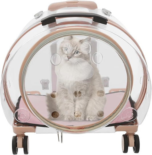 Transparent & Fully Breathable Hard Cat Carrier with Rolling Wheels, Multiple Carrying Carrier for Cats, Dogs, Or Bunnies for Traveling, Taking a Walk, Applicable Weighing up to 19.84lbs (Pink,Clear)