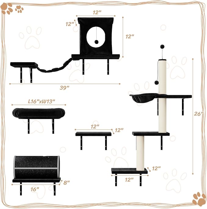 7-in-1 Wall Mounted Cat Climber Set, Cat Furniture with House, Tunnel, Bridge, Steps, Scratcher, Hammock, Shelves for Indoor, Black