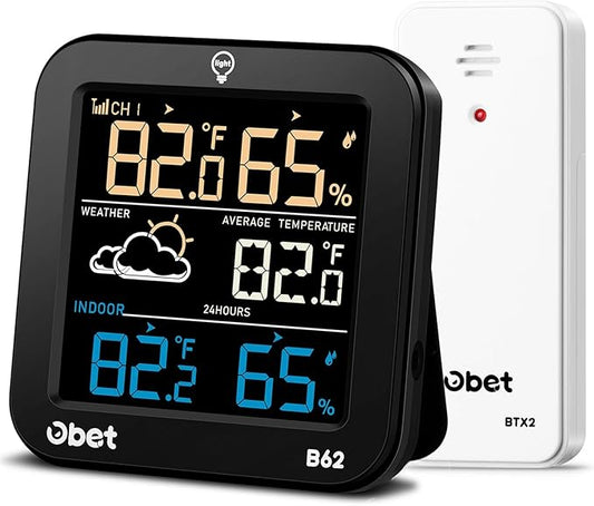 OBET Indoor Outdoor Thermometer Wireless Weather Station with 500FT Range Sensor and Adjustable Backlight Color Display Digital Temperature Humidity Monitor for House Patio
