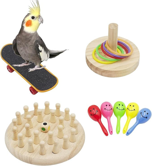 4-in-1 Bird Activity Set – Mini Skateboard, Stacking Rings, Rattle & Colorful Peg Toy | Interactive Toys for Budgies, Cockatiels, Lovebirds & Small Parrots