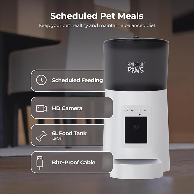 Smart HD Automatic Cat Feeder with 1080P Camera & Night Vision, 2-Way Audio, WiFi App Control, Anti-Jam 6L Pet Feeder with Battery Backup, Schedules Up to 15 Meals for Cat & Dog (White)