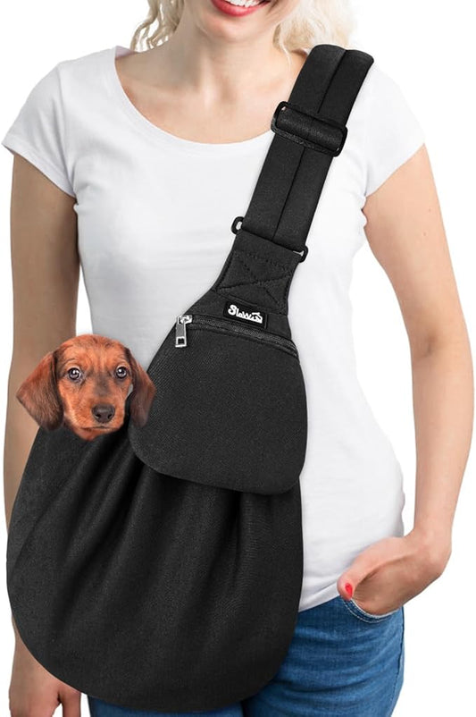 SlowTon Dog Carrier Sling - Thick Padded Shoulder Strap Adjustable Dog Carriers for Small Dogs, Puppy Carrier Purse for Pet Cat with Front Zipper Pocket Safety Belt Machine Washable (DB, L)