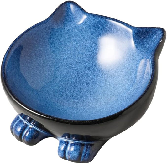 Nihow Ceramic Basic Cat Bowls: 6.25 Inch Cat Bowl for Food & Water - Food Grade Cat Dish for Large-Sized Cat/Medium-Sized Dog - Microwave & Dishwasher Safe -Elegant Blue & Black (8.5 OZ /1 PC)