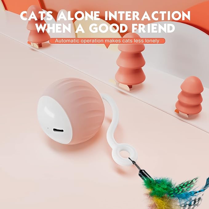 Interactive Cat Toys Ball - Electric Automatic Toys for Indoor Cats, LED Lights and Toys Feather Tail with Sound Activated and Touch, USB Rechargeable, 2peeds Mode for Bored Kittens/Adult Cats