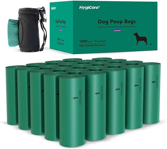 Extended Dog Poop Bags with Dispenser, 1000 Count, Pre-Separated, Lavender Scent, Eco-friendly Material, Extra Thick, 100% Leakproof, 8"x 15.6", Green