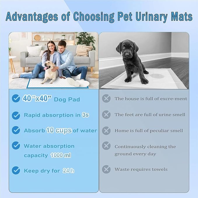 XXXXL 40 Count Dog Cat Puppy Pee Pads,40"x40" Super Absorbent Puppy Pads Leakproof Quick-Dry Disposable Pet Pads for Puppies, Dogs Cats Indoor, Outdoor, Housebreaking Use