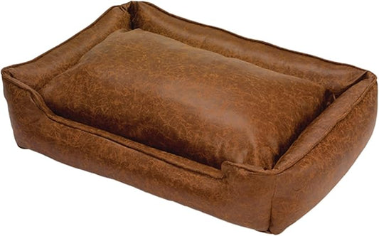 Jax & Bones Dog Bed Lounge - Machine Washable Bed for Dogs - Extra Heavy Duty Bolstered Sides - Vintage Faux Leather Dog Mat Beds | Small 24 x 18 Inches