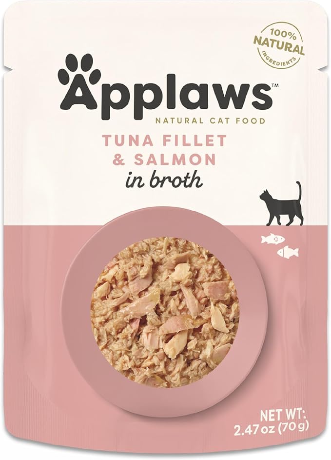 Applaws Natural Wet Cat Food in Broth, Limited and Natural Ingredients, High Protein with No Artificial Additives, Tuna Fillet & Salmon in Broth (12 x 2.47oz Pouches)