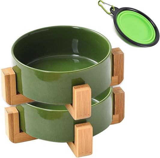 Petygooing Ceramic Dog Bowl Set with Stand, Cat & Dog Food and Water Bowls, Medium Size - Anti-Slip Set of 2 - 28 OZ /3.6 Cups - Rust Green