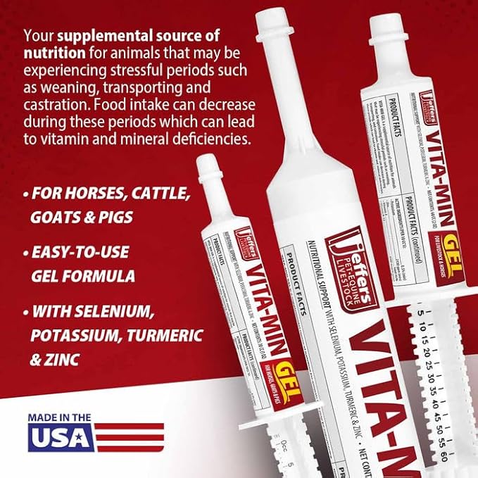 Jeffers Vita-Min Gel for Livestock & Horses – Multivitamin & Mineral Supplement with Selenium, Zinc, Potassium & Turmeric – Easy Oral Gel for Cattle, Goats, Sheep & Pig – 30 cc Tube 3 Pack