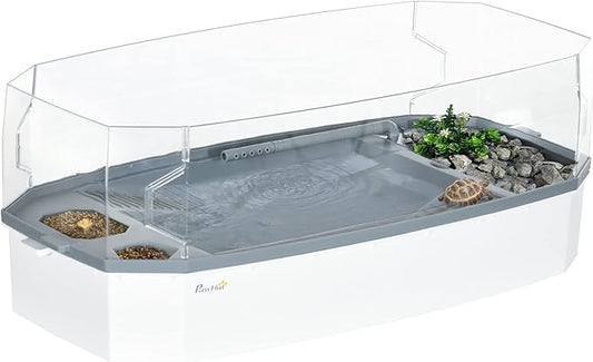 PawHut Turtle Tank Kit, Turtle Aquarium with Basking Platform, Water Pump, Filter Layer Design, Full View Visually Reptile Habitat, Easy to Clean and Change Water, Multi Functional Area